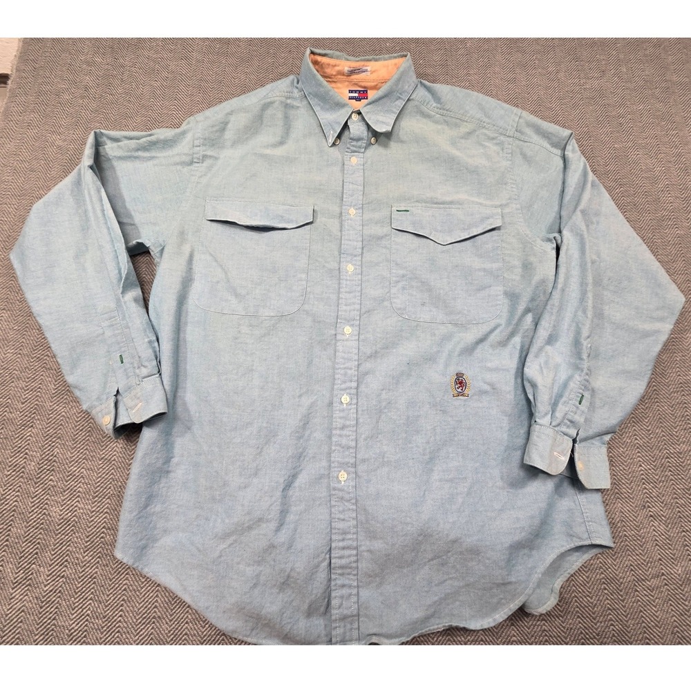 Vintage Tommy Hilfiger Crest Logo Chambray Button Down Shirt XL Blue Cotton